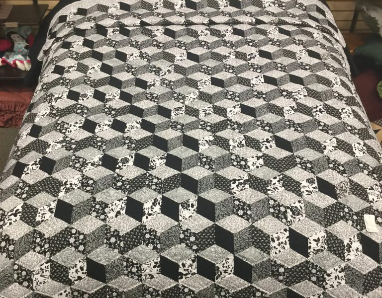 black and white tumbling blocks quilt for sale 1